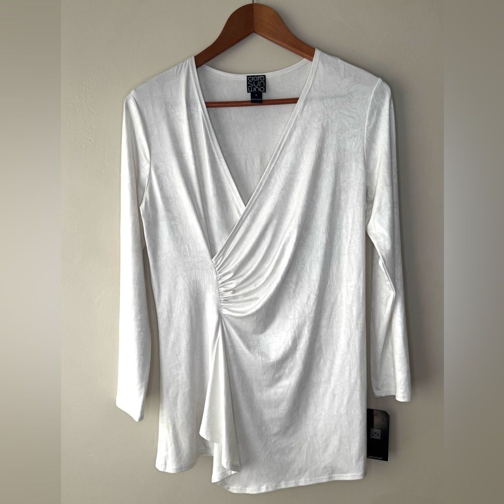 Clara sunwoo CRUSHED SILK KNIT - LONG SLEEVE SIDE GATHERED DRAPE TUNIC 393 - Picture 1 of 4